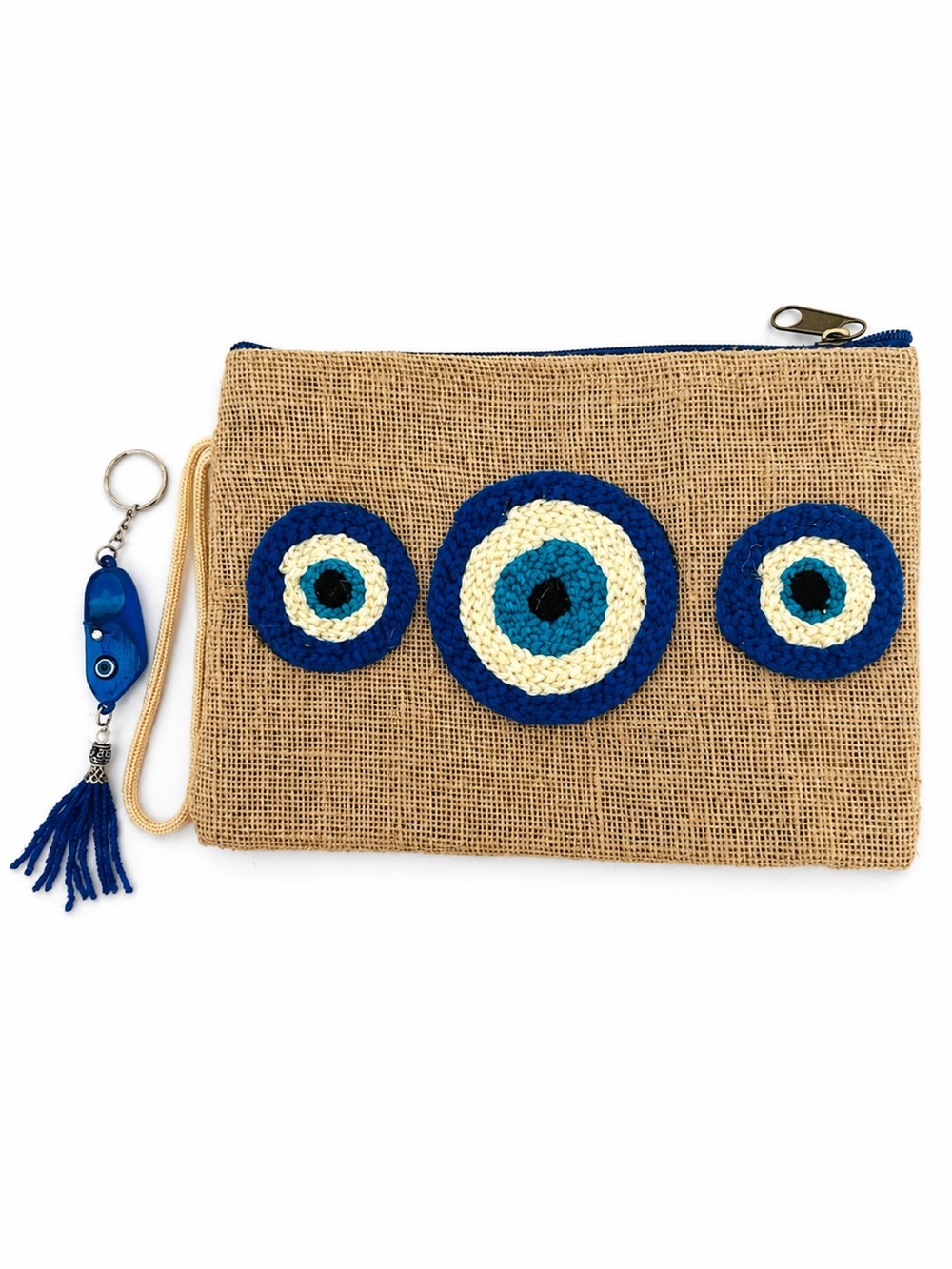 Natural Burlap Jute Evil Eye Wristlet Pouch w Matching Keychain Boho Gift Set